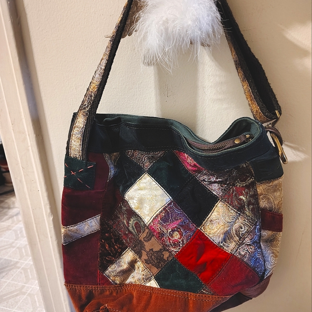 LUCKY BRAND Vintage Patchwork Velvet Corduroy Shoulder Tote Bag